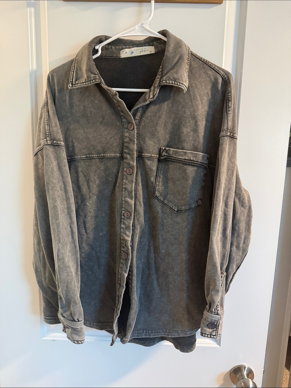 Her Entire Name Says Grace - Washed Gray Button-Up Oversized Shirt Jacket